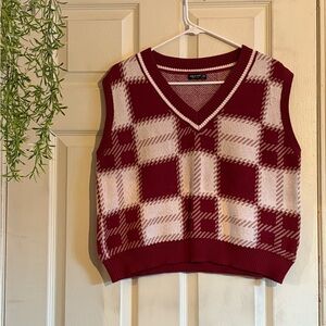 Plaid V-Neck Sweater Vest - Red and White